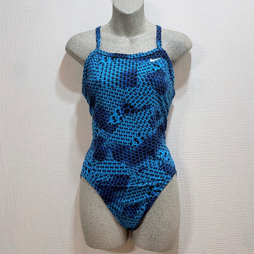 Nike One Piece Swimsuit Womens 6 Blue Geometric Print NESS8359 Performance Swim